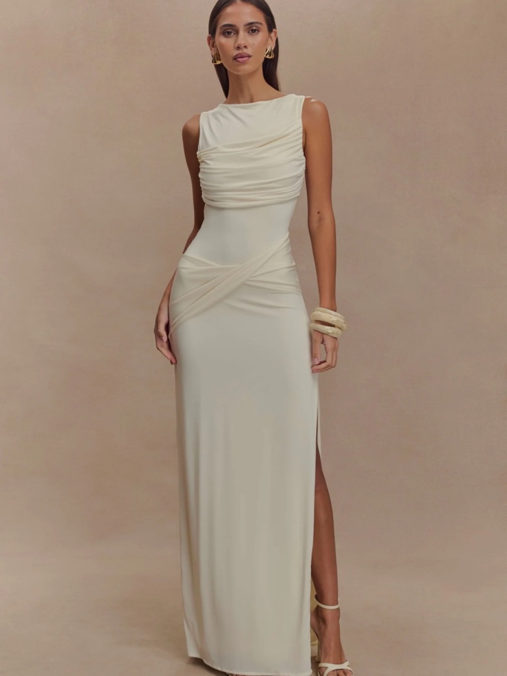 Meshki Henley Slinky Drape Maxi Dress - Ivory - XS